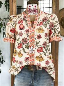 Linhara 大码梭织印花休闲夏季女式衬衫 - 卡其色 - 查看 3