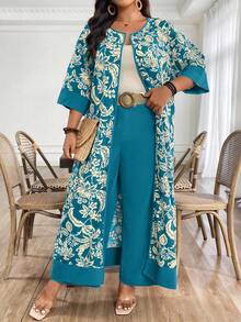 EMERY ROSE Plus-Size Ladies' Woven Printed Holiday Routine 2 Pieces Set - Teal Blue - View 1