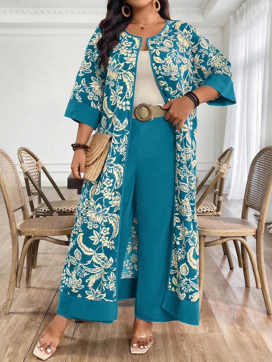 EMERY ROSE Plus-Size Ladies' Woven Printed Holiday Routine 2 Pieces Set - Teal Blue - View 1