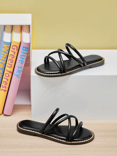 Mini mi #QuteMinimal 女童金色饰边外底软垫鞋垫柔软绑带细PU黑色平底凉鞋 – 时尚、轻便、日常百搭
