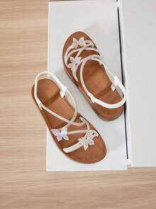 Mini mi #ButterflyBloom Girls' Rhinestone Butterfly Elastic White Strap White Multi-Strap Sandals – Glittering Elegance, Easy To Wear & Comfy Fit. - White - View 6