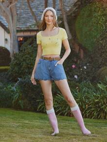 WESTFADE Pantalones cortos de mezclilla con mezcla de algodón, pliegues frontales y línea A con borde festoneado, para primavera, ropa de resort, verano, vacaciones, playa, festival, Stagecoach, Coachella, casual, lindo, bohemio, Nashville, vaquera, rodeo, atuendo para conciertos de música country, ropa occidental para mujer - Azul - Ver 4