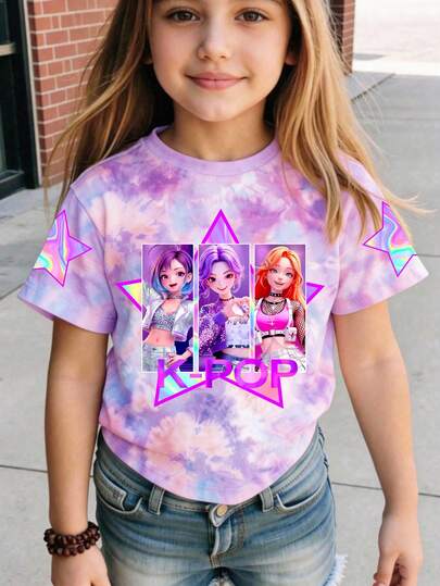 1 chiếc áo thun ngắn tay cổ tròn in hình hoạt hình nhóm nhạc nữ K-POP, kiểu dáng thoải mái, phù hợp cho mọi mùa (xuân, hè, thu, đông), món quà tuyệt vời cho các bé gái, áo mùa hè.