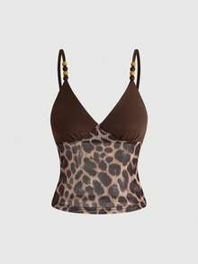 ROMWE Hippie 复古豹纹拼接音乐节嬉皮风女式背心 - 咖啡棕 - 查看 1