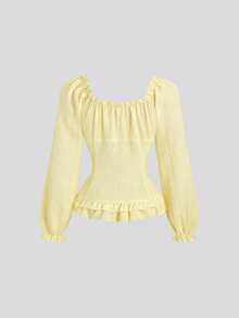 Sweetra Women's White Rhinestone Collar Ruffle Tie Waist Long Sleeve Blouse - Light Yellow - View 2