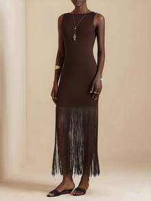 Vesra Women's Sleeveless Elegant Tassel Dress - Brown - View 4