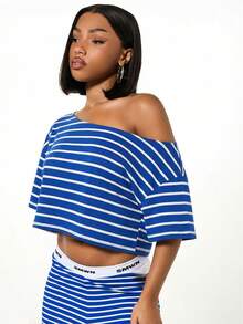 SUMWON WOMEN 女士条纹单肩露肩休闲上衣，宽松版型，罗纹针织长袖衬衫 - 藍色 - 查看 6