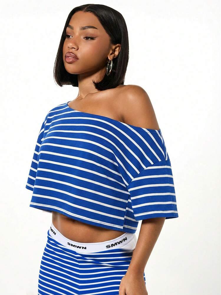 SUMWON WOMEN Women's Striped One Shoulder Off Shoulder Lounge Top Relaxed Fit Casual Ribbed Knit Long Sleeve Shirt