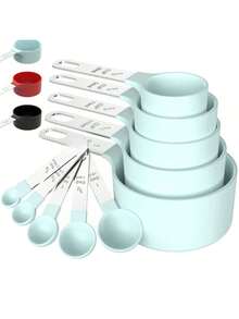 10 piezas Juego de tazas y cucharas de medición, diseño apilable anidado, mango de acero inoxidable, cabeza de plástico, para ingredientes secos y húmedos - Multicolor - Ver 7