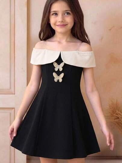 SHEIN 这款优雅的撞色蝴蝶装饰连衣裙，适合女孩参加派对、郊游、度假以及春夏季节穿着。这款休闲优雅的纯黑色无袖A字连衣裙，适合新年、情人节、生日派对等场合，也可作为女孩的黑色连衣裙、姐妹装、少女黑色连衣裙或吊带裙穿着。