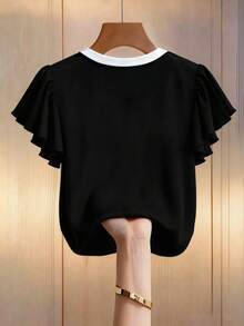 GlowEve CURVE Plus Size Women's Elegant Fashion V-Neck Contrast Color Ruffle Sleeve Casual Blouse - Black - View 2