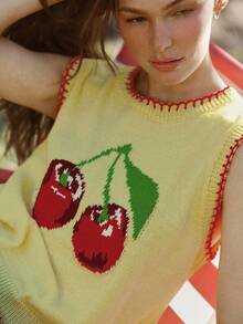 WESTFADE Round Neck Cherry Intarsia Contrast Stitch Sleeveless Mixed Stitch Pullover Sweater Knit Vest,Cute Top For Autumn,Picnic,Spring & Summer,Yellow - Light Yellow - View 6