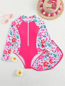 SHEIN 新款时尚女童印花拼接泳衣套装 - 玫紅色 - 查看 5
