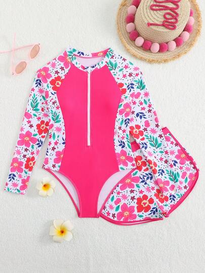 SHEIN 新款时尚女童印花拼接泳衣套装
