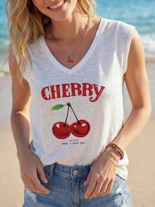 Sylviya Áo tank top nữ cổ chữ V họa tiết quả anh đào, kiểu dáng thường ngày, có dây đeo vai, thích hợp cho mùa hè đi học, phong cách thường ngày. - trắng - Xem 3