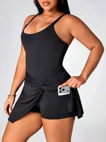 Rhythm Era Plus Size Solid Color Backless Twist Wrap Sports Dress Plus Size Dresses For Women Plus Size Workout Dress - Black - View 3