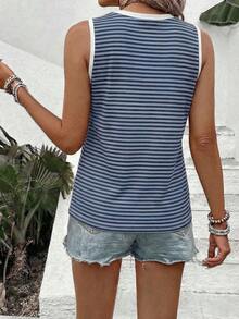 SHEIN Holidaya New Arrival Plus Size Women Casual Round Neck Striped Versatile Bestselling Tank Top - Multicolor - View 2