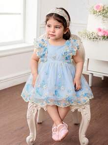 SHEIN Babygirl Cute Summer Elegant Floral Embroidery Mesh Ruffle Hem Dress - Blue - View 3