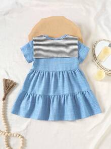 SHEIN Elladie kids 2件套女婴春夏短袖仿牛仔连衣裙和披肩 - 藍色 - 查看 2