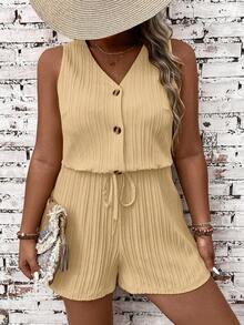 EMERY ROSE Plus Size Women V-Neck Solid Color Casual Everyday Romper - Brown - View 4