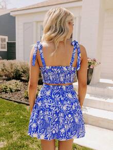 Coeurva 女士时尚休闲优雅浪漫度假印花两件套。宽松上衣搭配松紧腰半身裙，春夏蓝色度假连衣裙，适合娇小身材的女士度假晚宴连衣裙，蓝色连衣裙，短款蓝白碎花连衣裙，沙滩度假套装，女士两件套夏季套装，夏季半身裙套装，度假半身裙套装，蓝色两件套，女士无袖迷你连衣裙，Zanzea 女士连衣裙，女士两件套连衣裙，蓝白印花连衣裙 - 藍白色 - 查看 2