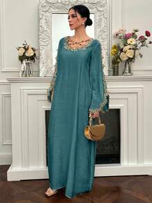 Yasmyna Women's Floral Embroidery Crossed Neck Ruffle Hem Long Sleeve Arabic Style Dress, Elegant For Parties And Formal Events - Blue - View 8