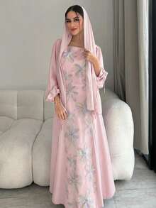 Yasmyna Women's Floral Print Casual Party & Travel Arabic Style Dress - Baby Pink - View 4