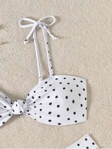 Swim Basics 女士黑白波点印花扭结系带比基尼套装，休闲度假款 - 白色 - 查看 3