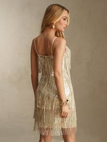 Glamine 女士优雅华丽流苏亮片露背拉链修身短款夜店派对吊带裙/夜店连衣裙 - 杏色 - 查看 7