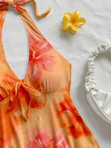 Soleia Blusa de tirantes con cuello halter, fruncida y con estampado floral, para vacaciones y uso casual - Multicolor - Ver 3