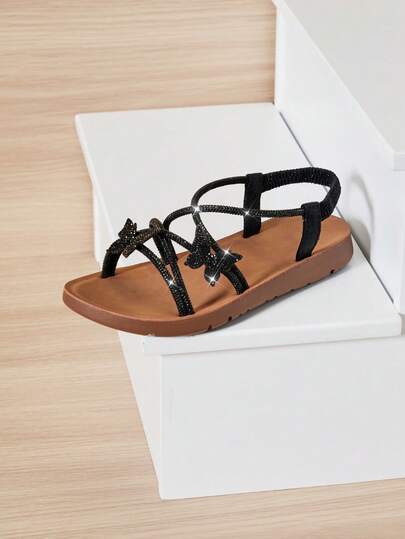 Mini mi #ButterflyBloom Girls' Rhinestone Butterfly Elastic Back Strap Black Multi-Strap Sandals – Glittering Elegance, Easy To Wear & Comfy Fit.