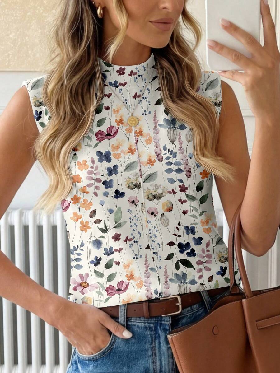 EMERY ROSE Women's Printed Cap Sleeve Casual Tank Top, Suitable For Summer - Multicolor - View 1