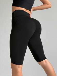Easithlete 女士无缝纯色高腰运动短裤 - 黑色 - 查看 3