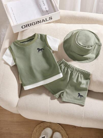 SHEIN Playful Pals 3 件套婴儿/男婴夏季蓝色圆领二合一上衣和短裤带帽，华夫格面料，适合日常户外玩耍、上学、度假，风格优雅，适合家庭休闲、运动和聚会