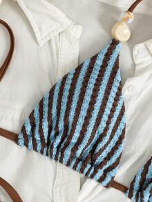 Swim Vcay 女士沙滩音乐节春夏条纹针织提花串珠性感露背吊带可爱比基尼套装 - 彩色 - 查看 6