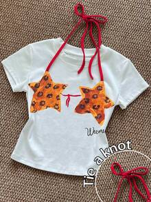 SHEIN Camiseta de manga corta con cuello redondo y lazo, con estampado de leopardo y estrella de mar, ajustada, para mujer de talla grande, de ajuste regular y cuello de tripulación, casual - Blanco - Ver 1