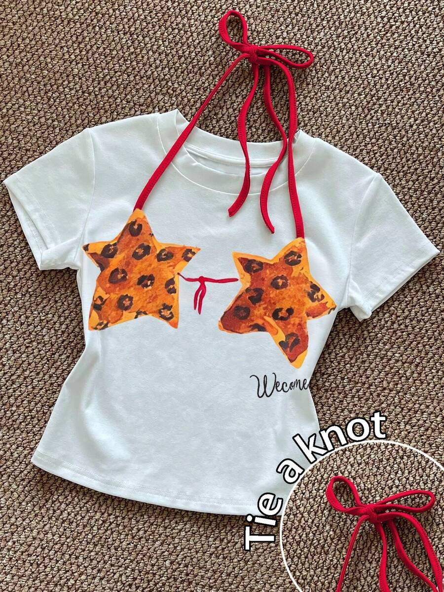 SHEIN Camiseta de manga corta con cuello redondo y lazo, con estampado de leopardo y estrella de mar, ajustada, para mujer de talla grande, de ajuste regular y cuello de tripulación, casual - Blanco - Ver 1