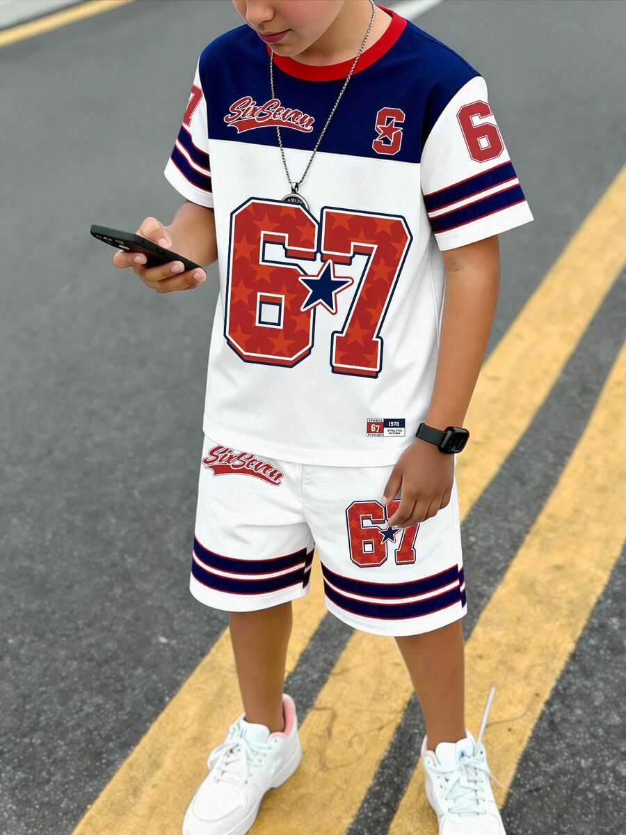 SHEIN Coolqubz 5件套 青少年男童休闲时尚创意个性化清新高端简约星星、数字67、条纹、标语印花短袖T恤和短裤套装,舒适日常穿着,温暖夏日风格,适合春夏穿着 - 彩色 - 查看 1