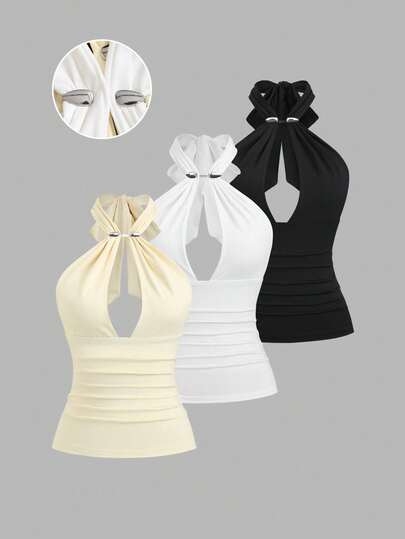 Sweetra Débardeur d'été à la mode pour femmes avec décoration métallique, col en V, style ras-du-cou, coupe sexy et élancée, idéal pour la plage et les vacances
