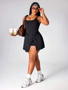 Rhythm Era Plus Size Solid Color Backless Twist Wrap Sports Dress Plus Size Dresses For Women Plus Size Workout Dress - Black - View 8