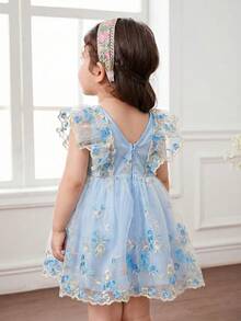 SHEIN Babygirl Cute Summer Elegant Floral Embroidery Mesh Ruffle Hem Dress - Blue - View 2