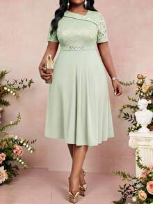 Fleurora 大码女式蕾丝拼接褶裥优雅收腰派对连衣裙 - 薄荷綠 - 查看 6