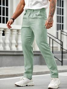 Calvornis Men's Solid Color Pleated Straight-Leg Loose Fit Suit Pants For Ceremony - Green - View 6