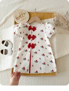 Đầm tay cánh hoa mới năm 2025 cho bé gái, đầm công chúa nơ đỏ cho bé gái, trang phục mùa hè thời trang cho trẻ em. - Đỏ - Xem 3