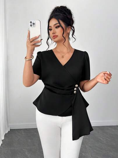 Elenzga Plus Size Women's V-Neck Short Sleeve Beaded Waist Fitted Casual Blouse, Loose Straight Comfortable Vacation Chic Versatile Office Wear