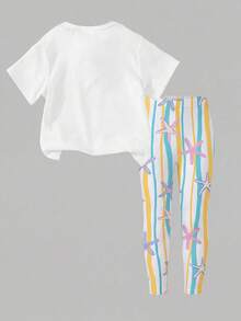 Conjunto de camiseta de manga corta con cuello redondo y pantalones con estampado de conchas para niña en vacaciones de verano - Multicolor - Ver 2
