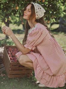 WESTFADE 格纹花卉镂空圆领短泡泡袖荷叶边迷你娃娃裙，适合春季、夏季、度假、休闲、海滨、牛仔、波西米亚风、农贸市场、野餐、假期、海滩、节日、西部风、纳什维尔、牛仔竞技表演、乡村音乐会等场合。 - 粉色 - 查看 3