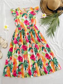 Sparklyn Vestido de manga corta con cintura ceñida y estampado floral retro para niña preadolescente - Multicolor - Ver 7