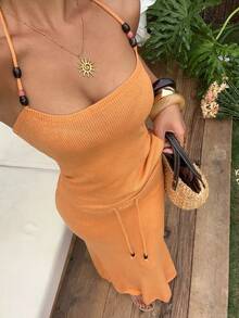 Sunnyshic 女士性感复古黄色吊带背心和长款低腰针织裙两件套，夏季沙滩时尚 - 黃色 - 查看 1