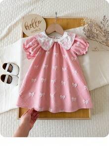 SHEIN Đầm ngắn tay màu hồng dễ thương cho bé gái, cổ nơ, thích hợp cho mùa hè. - Hồng - Xem 2